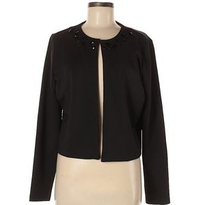 Black bejeweled collar open front jacket